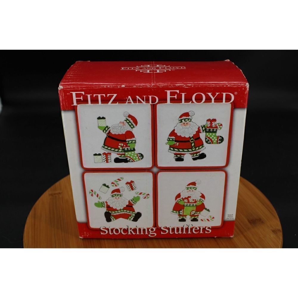 Fitz and Floyd STOCKING STUFFERS Set of 4 Ceramic Snack Plates in Box